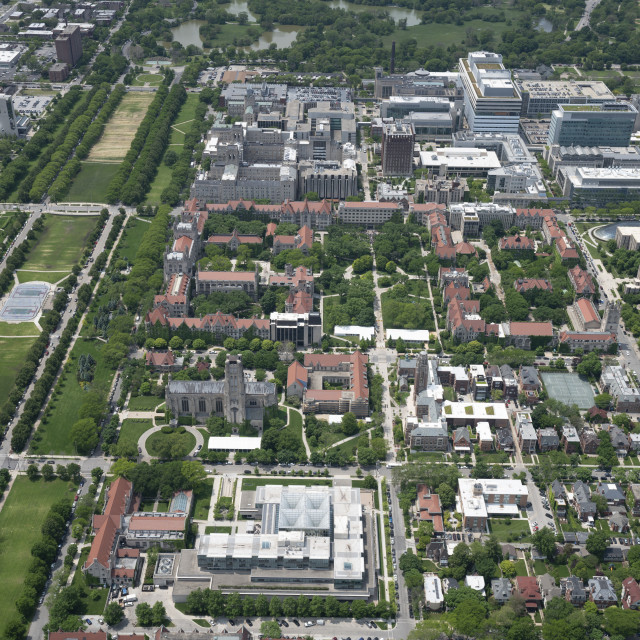 An aerial view of the main Uchicago campus, looking West, West of Kimbark and North of 59th St.