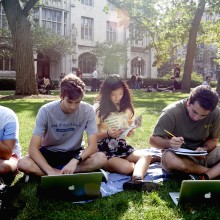 Students study on the quad in summer. 