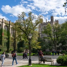 Students walking on Harper Quad