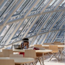 A student studies at a desk under the domed windows of the Mansueto Library.