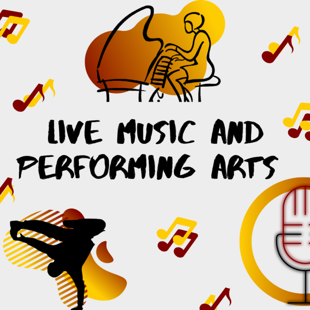 A graphic on a gray background that says "Live Music and Performing Arts" with maroon and gold music notes, a graphic of a person playing piano, a silhouette of a break dancer and a maroon and black outline of a microphone.
