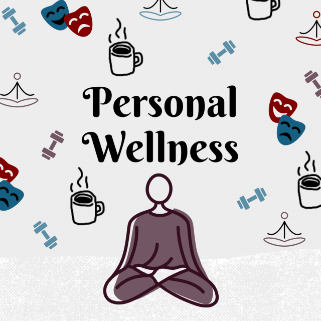 Personal wellness graphic with meditating person, cups of coffee.