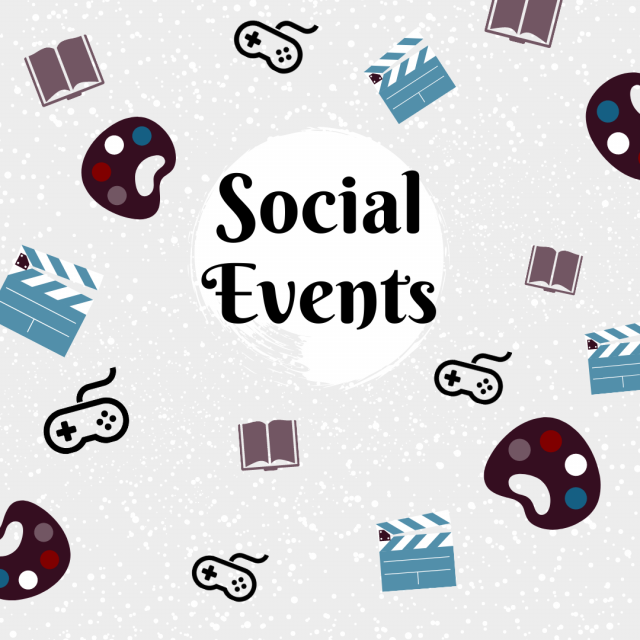 Social Events winter graphic with artists pallete, books, video game controllers.