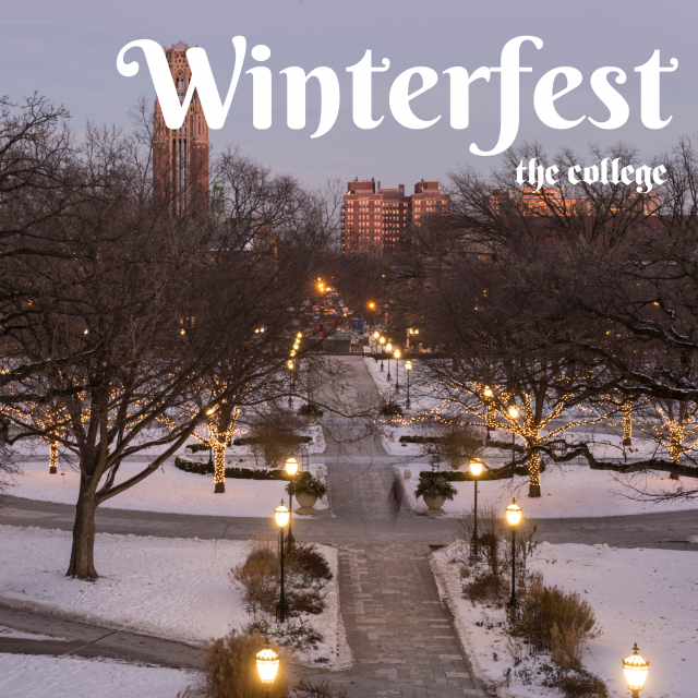 An aerial scene of a wintery college quad with glowing lights on the trees.
