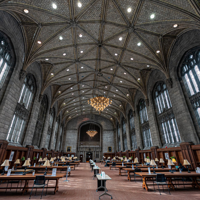 A large gothic room, the Harper Reading Room, shows students studying at tables with lamps.