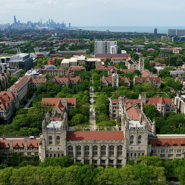 Aerial photo of Harper Memorial Library looking North across the quad and surrounding buildings.