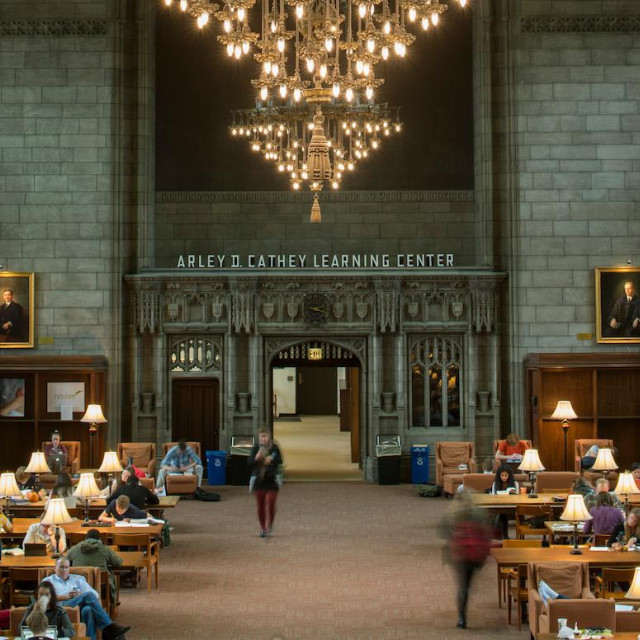 View looking West toward the entrance of the Gothic Arley D. Cathey Reading Room, Harper Memorial Library.
