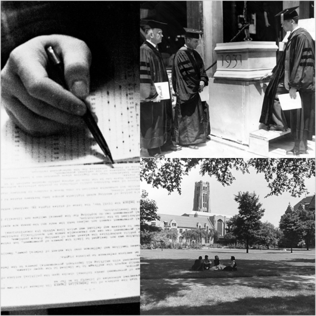 Men in cap and gown look at 1931 cornerstone, a student looks at old type-written document, students sit on the grass in the quad.