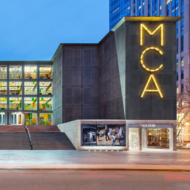 Dusk view of the MCA building from the street.
