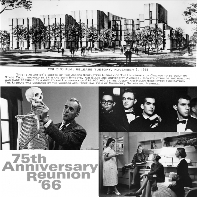 A 1965 artists sketch and press release for the Regenstein library, and reunion poster for class of 1966.