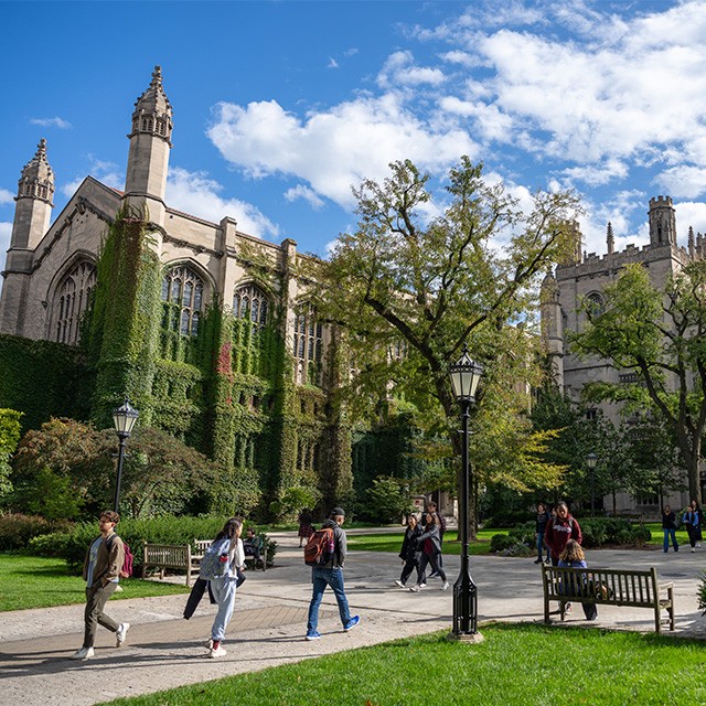 Students walking on Harper Quad