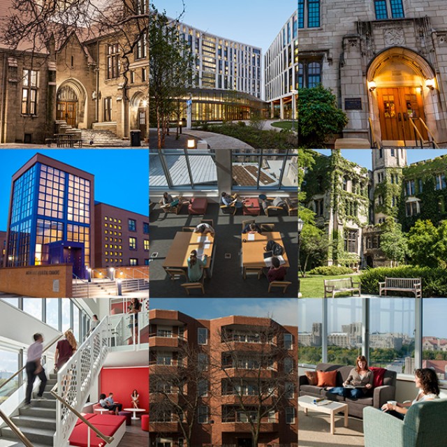A 3x3 grid of photos displaying interior and exterior shots of dorm buildings.