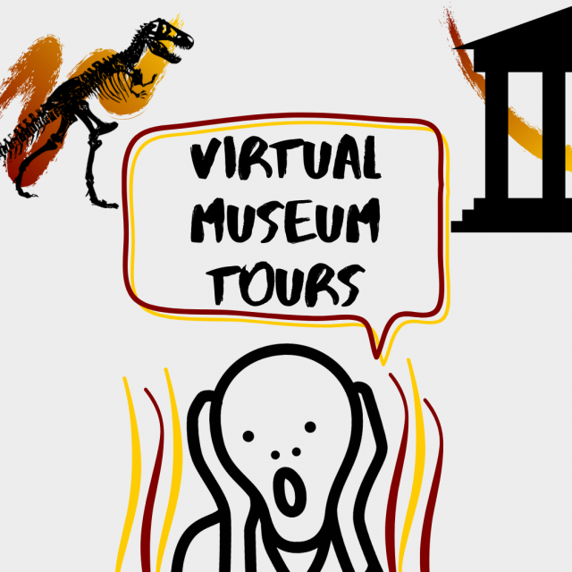 Virtual Museum tour drawing poster with dinosaur and The Scream artwork.