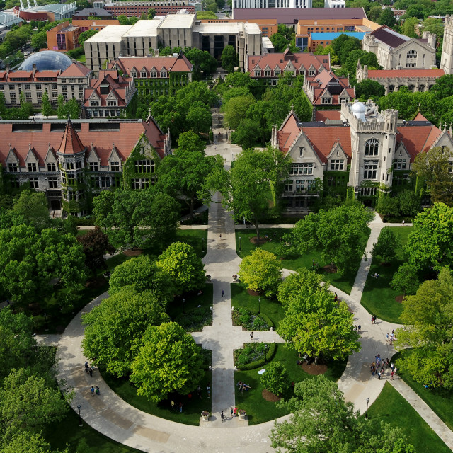An aerial view looking down and North across the main quadrangle towards the library.