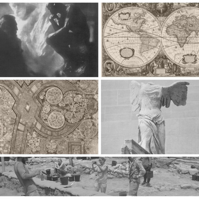 Classical humanities images including globe map, statues, and archeological dig.
