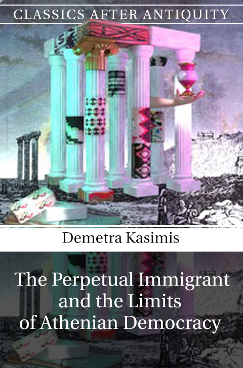 The cover of a book featuring an abstract image of a cluster of Greek columns with an oversized arm holding an hourglass emerging from between them.