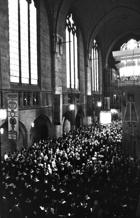 People fill Rockefeller Chapel for Hanna Holborn Gray's presidential inauguration in 1978