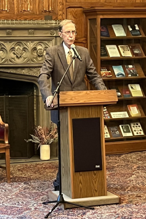 John W. Boyer, dean of the College, addresses Kimpton Fellows in Swift Hall.