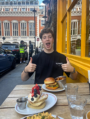 Julie enjoying brunch with friends during a quick trip to London.