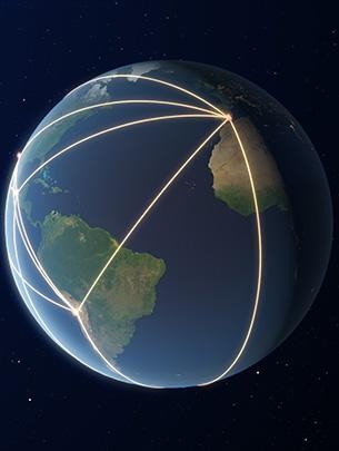 A rendering of Earth is pictured with glowing lines connecting each of the eight telescopes.