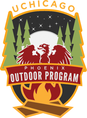 Phoenix outdoor logo with phoenix over campfire, pine trees on sides, and moon in background.