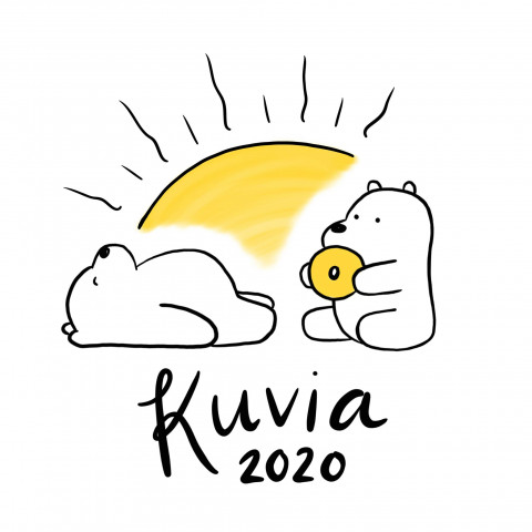 An illustration with two polar bears eating a bagel with a yellow sun rising in the background.