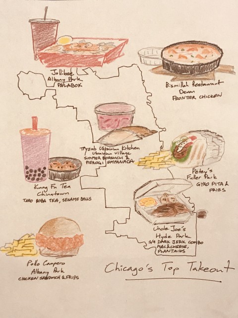 A hand drawn map of the outline of the city of Chicago with drawings of favorite takeout locations and their best dishes around the city.
