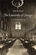 The cover of the book, The University of Chicago, a History, showing a historical image of a long room with tables.
