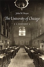 The cover of the book, The University of Chicago, a History, showing a historical image of a long room with tables.