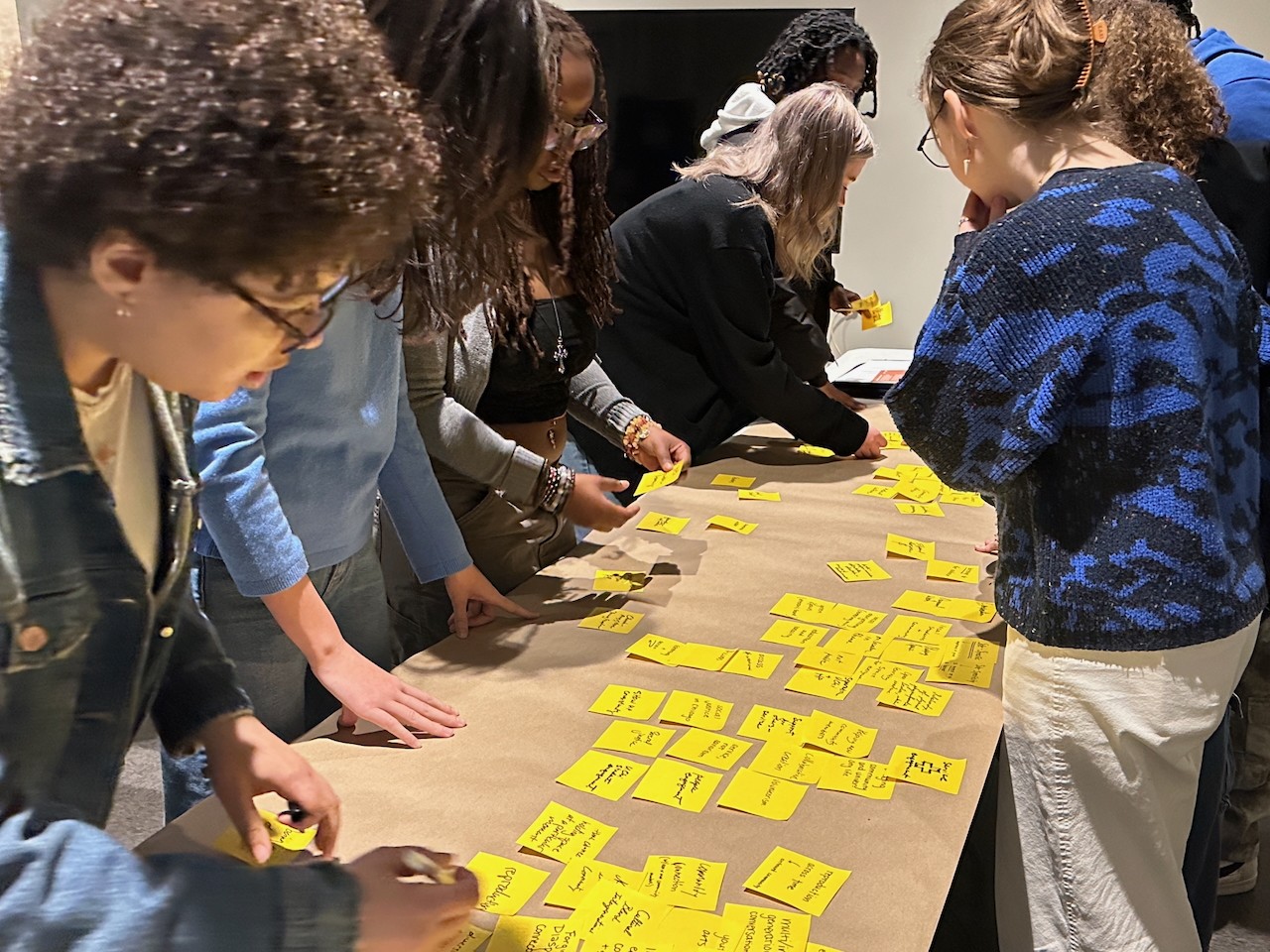 People collaborating around a table covered with yellow sticky notes, brainstorming and discussing ideas.
