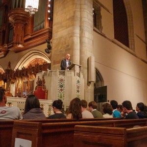 Prof. Christopher Wild speaks during his Aims of Education address on Sept. 21, 2023. Wild told students gathered at Rockefeller Memorial Chapel that the University of Chicago prides itself on not telling students what to think, but teaching them how to think. 
