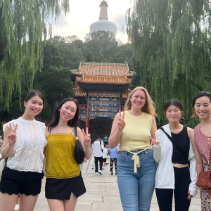 UChicago College student Sarina Zhao, second from left, with friends at Beihai Park in Beijing during a summer of language immersion funded by UChicago's FLAG program.