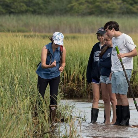 A professor shows a group of students a specimen as they stand in in water wearing rainboots.