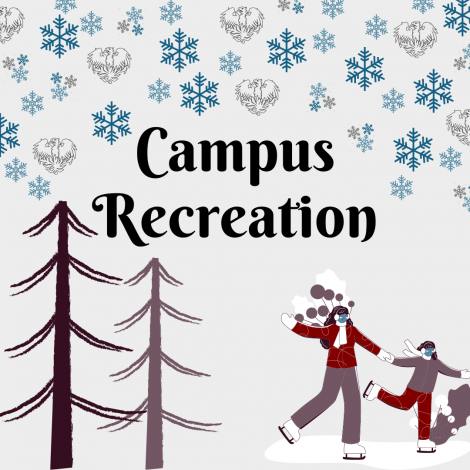 Campus recreation graphic with snow, pine trees, and people ice skating.