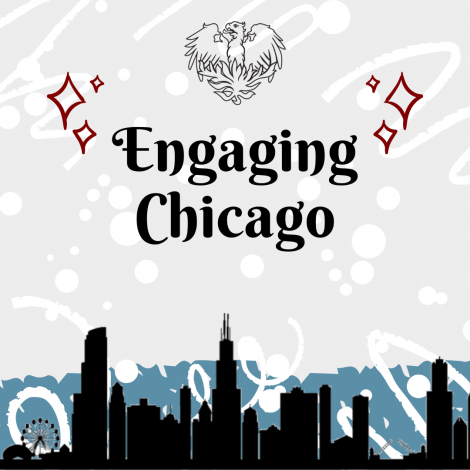 Engaging Chicago winter graphic with snowflakes and drawing of skyline.