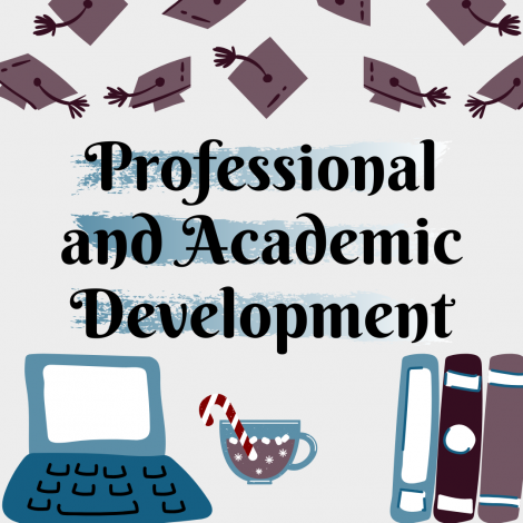 Professional and Academic Development graphic with computer and books.