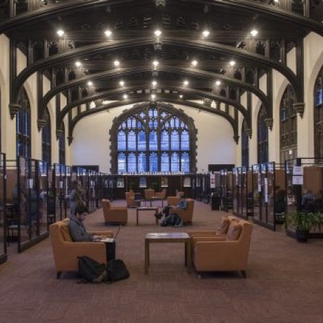cozy chairs surrounded by glass cubicles under arched ceiling in stewart reading room